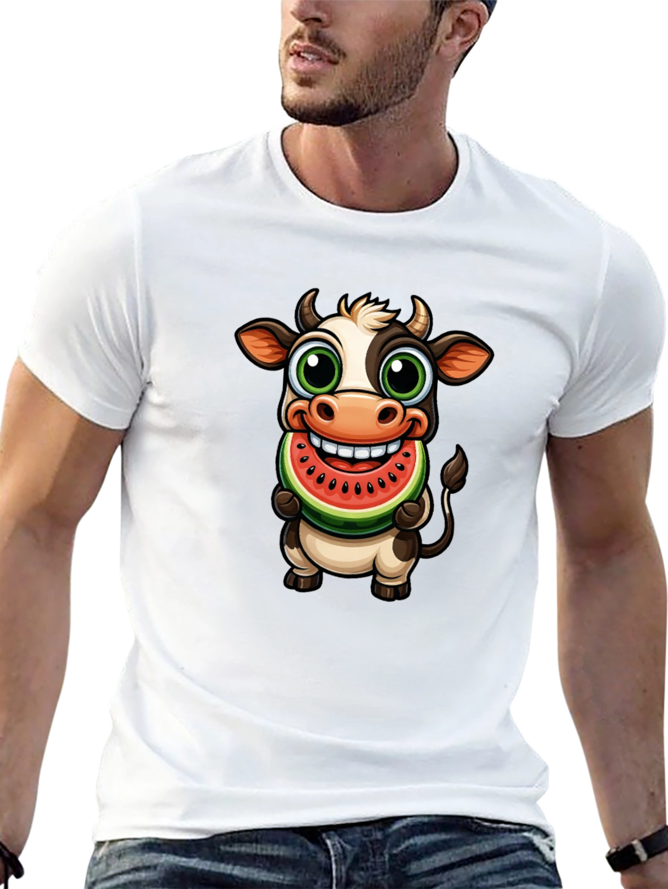 Camiseta Negra con Vaca Comiendo Sandía