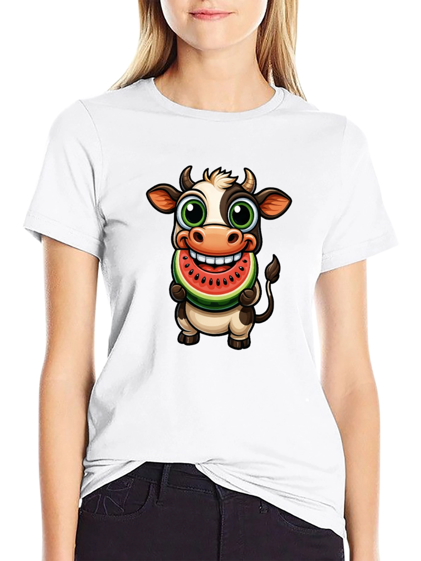 Camiseta Negra con Vaca Comiendo Sandía