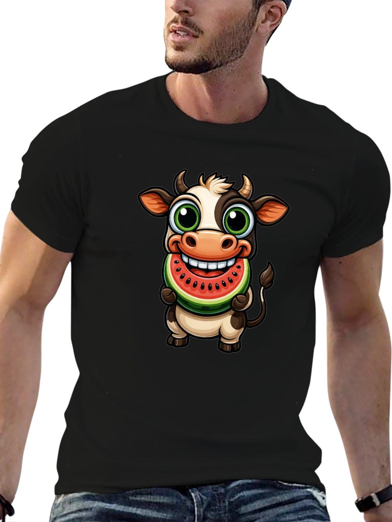 Camiseta Negra con Vaca Comiendo Sandía