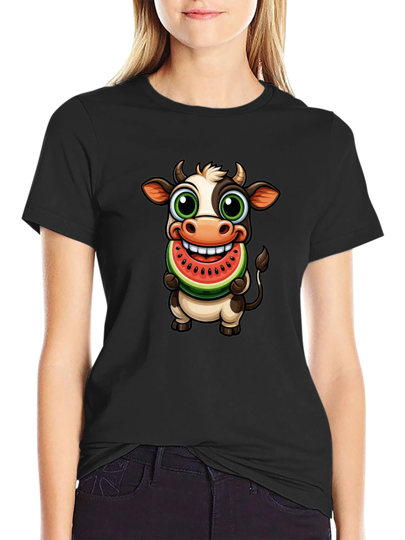 Camiseta Negra con Vaca Comiendo Sandía