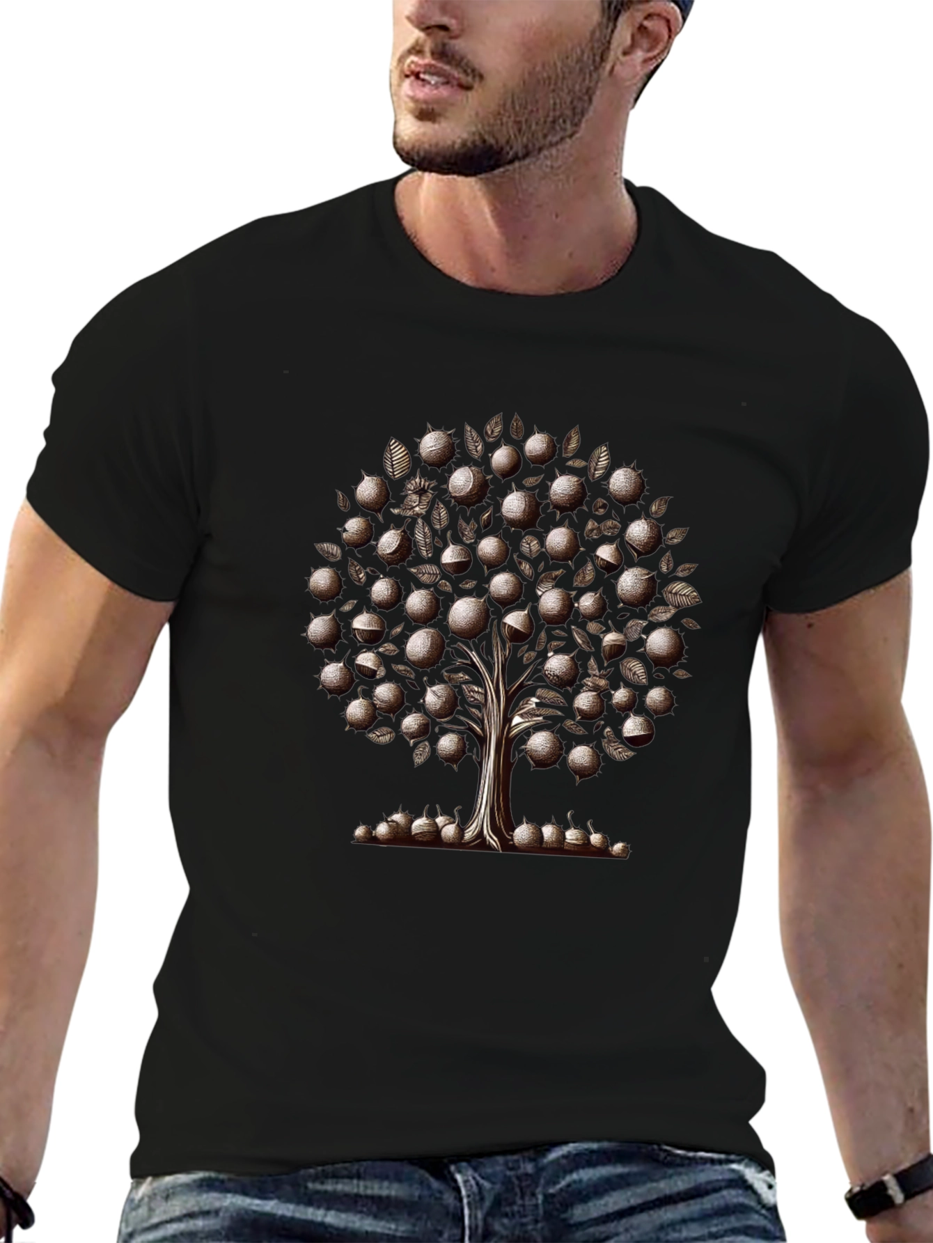 Camiseta Negra Árbol de Frutas Estilizado