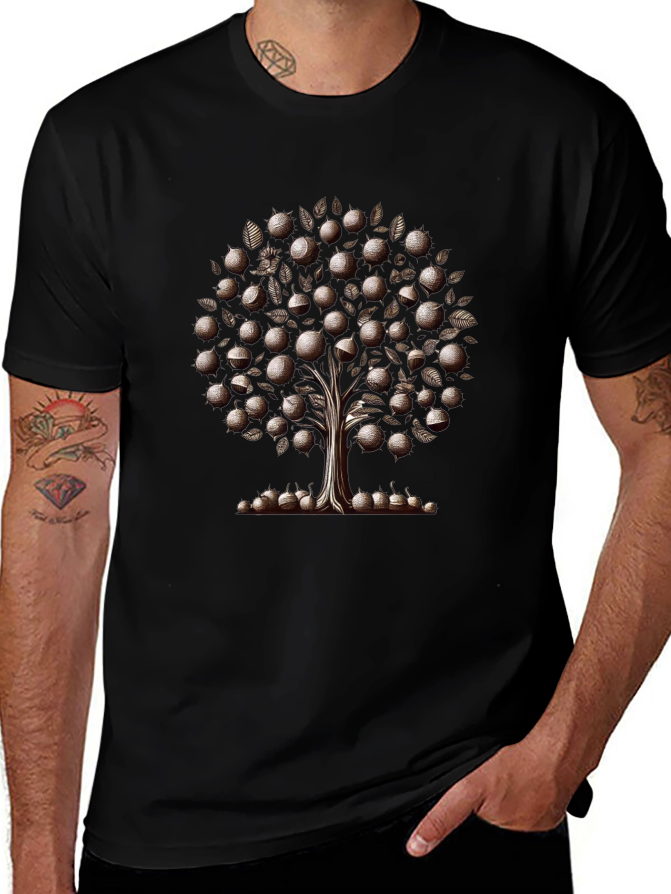 Camiseta Negra Árbol de Frutas Estilizado