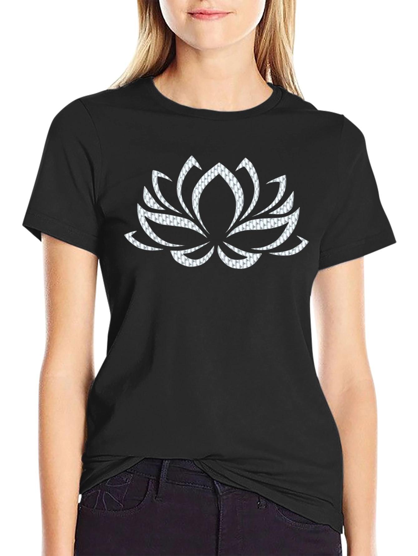 Camiseta Negra con Diseño de Loto Texturizado