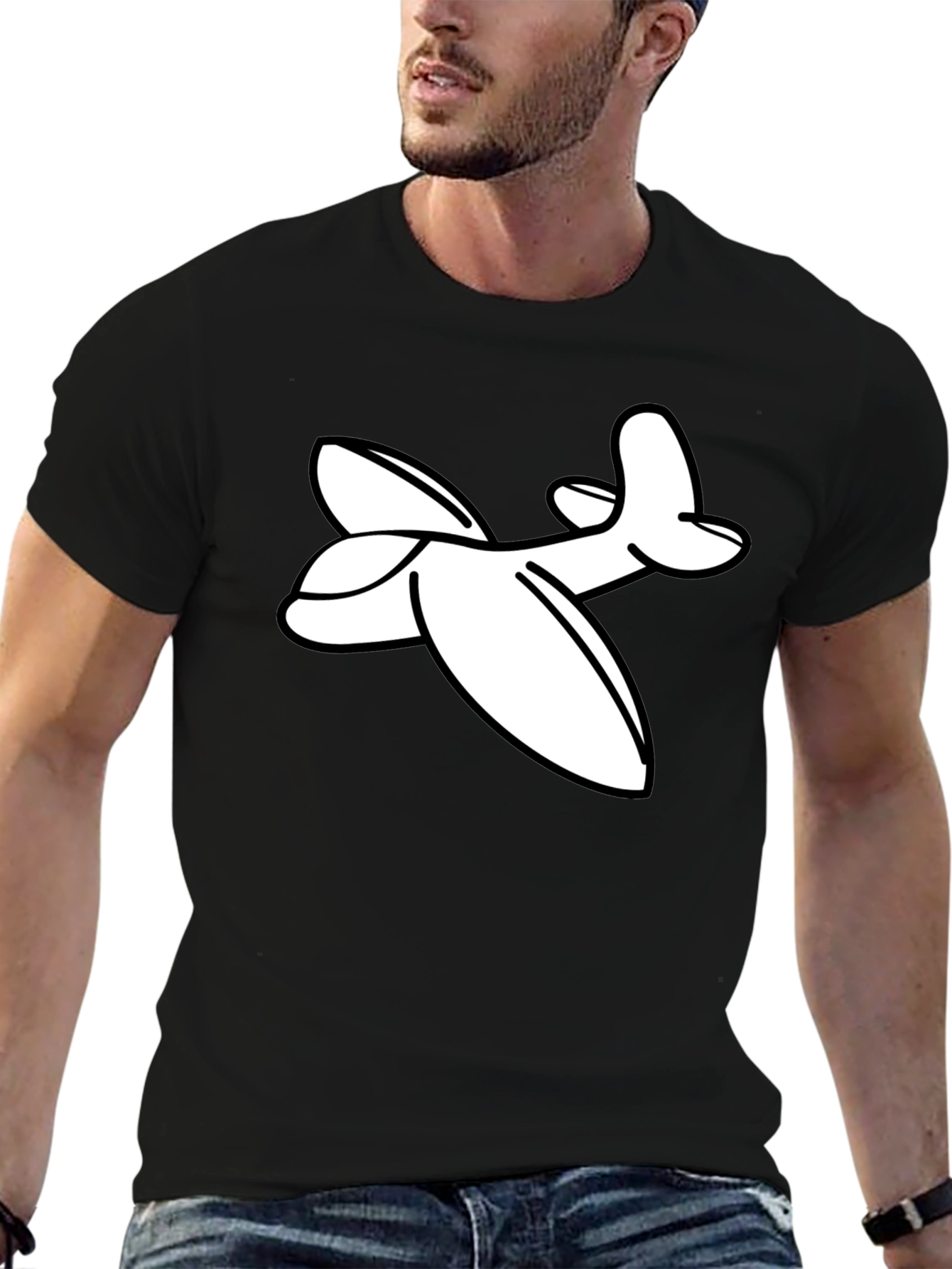 Camiseta Negra con Estampado de Avión Blanco