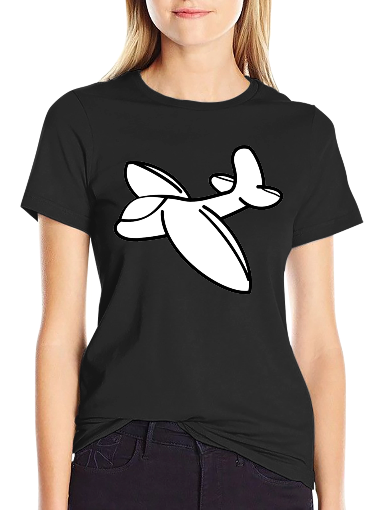 Camiseta Negra con Estampado de Avión Blanco