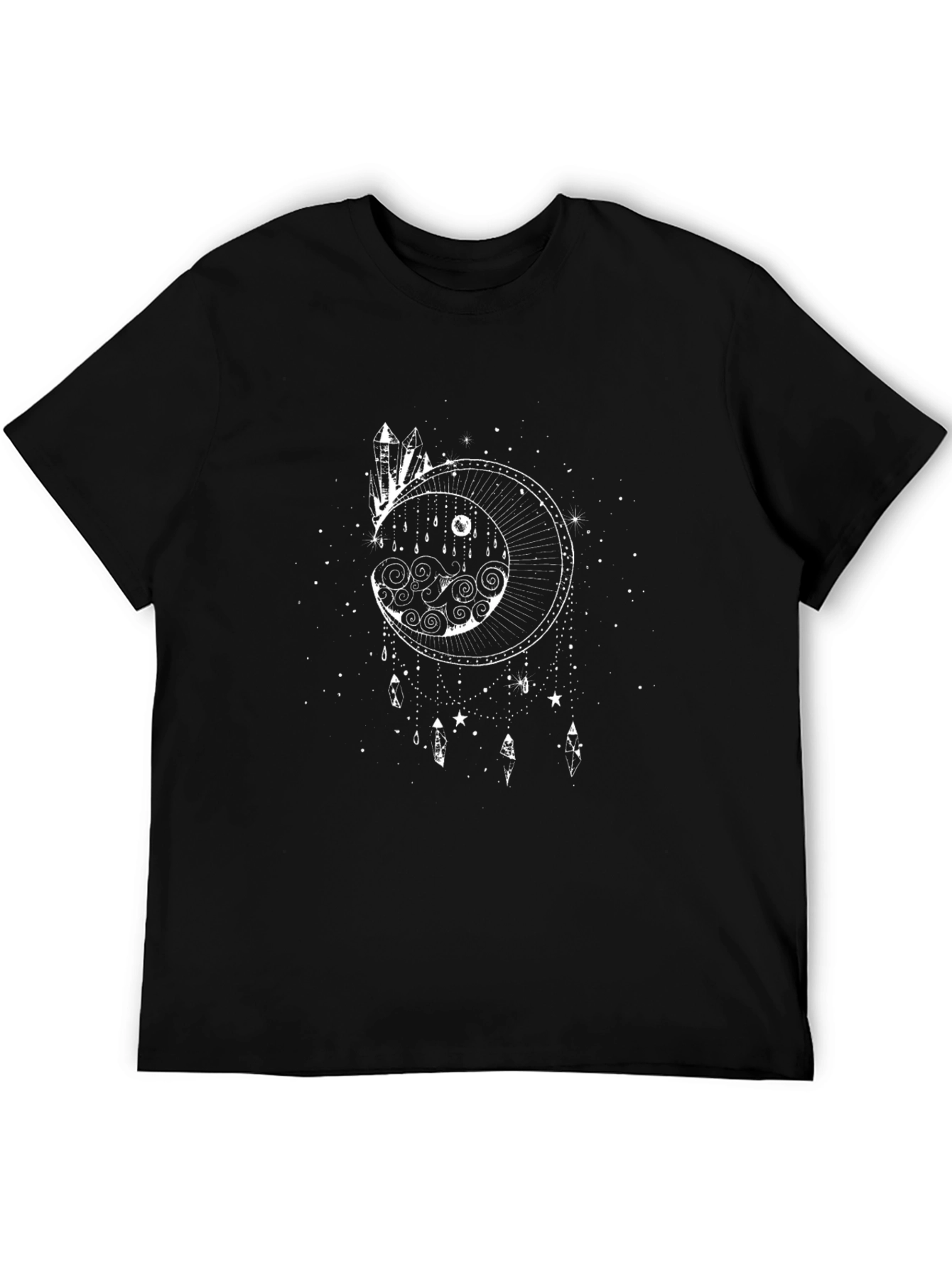 Camiseta Negra con Diseño de Luna y Cristales Místicos