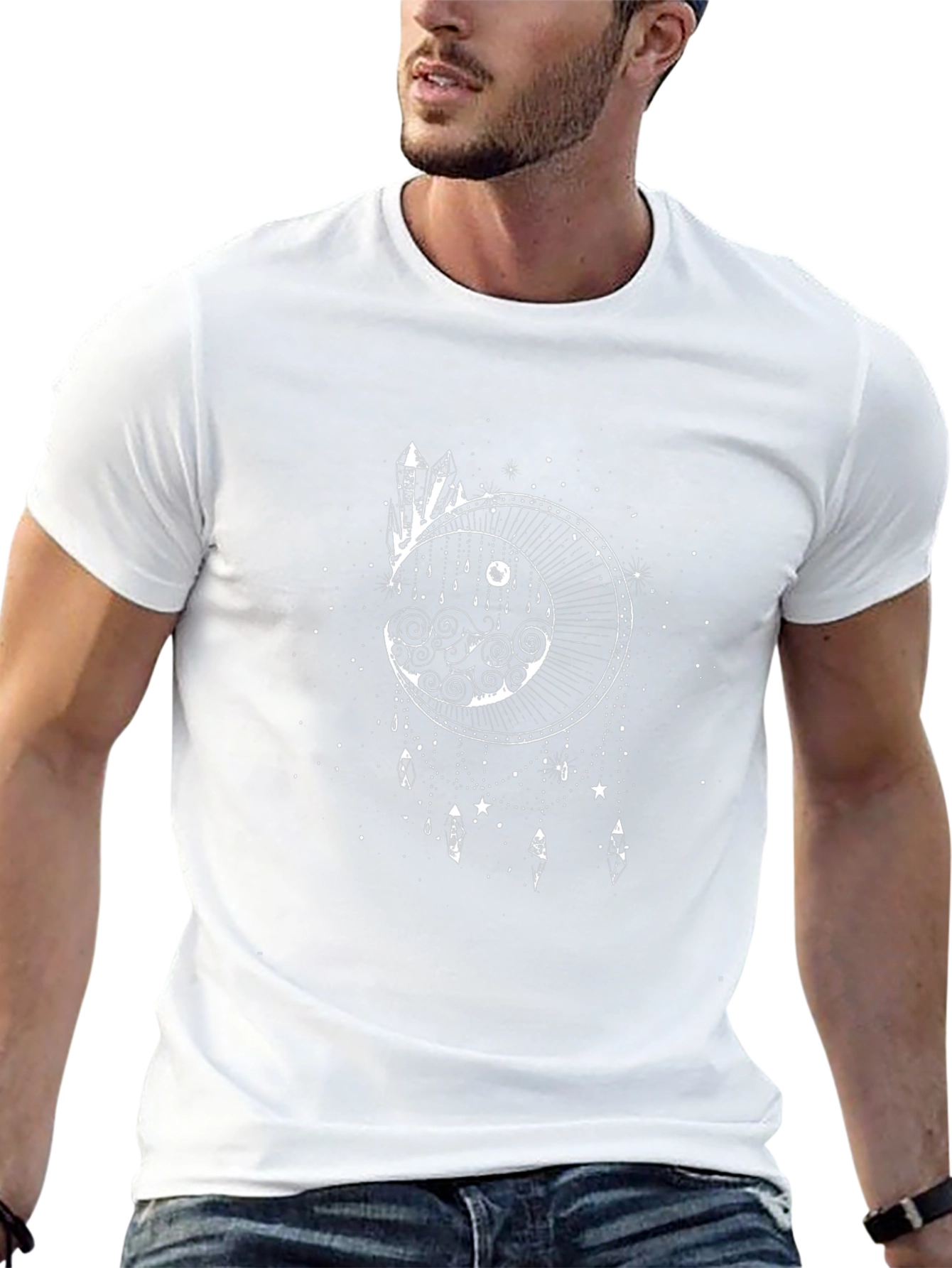 Camiseta Negra con Diseño de Luna y Cristales Místicos