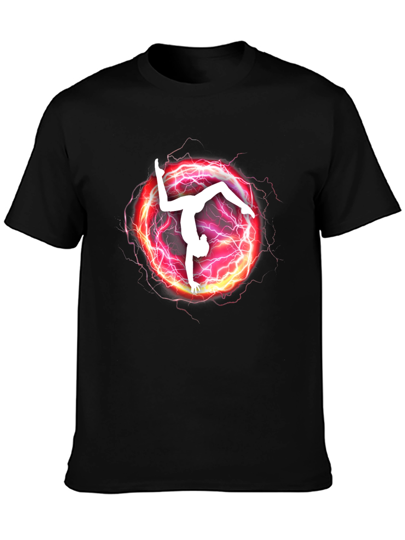 Camiseta Negra con Diseño de Gimnasta Eléctrica