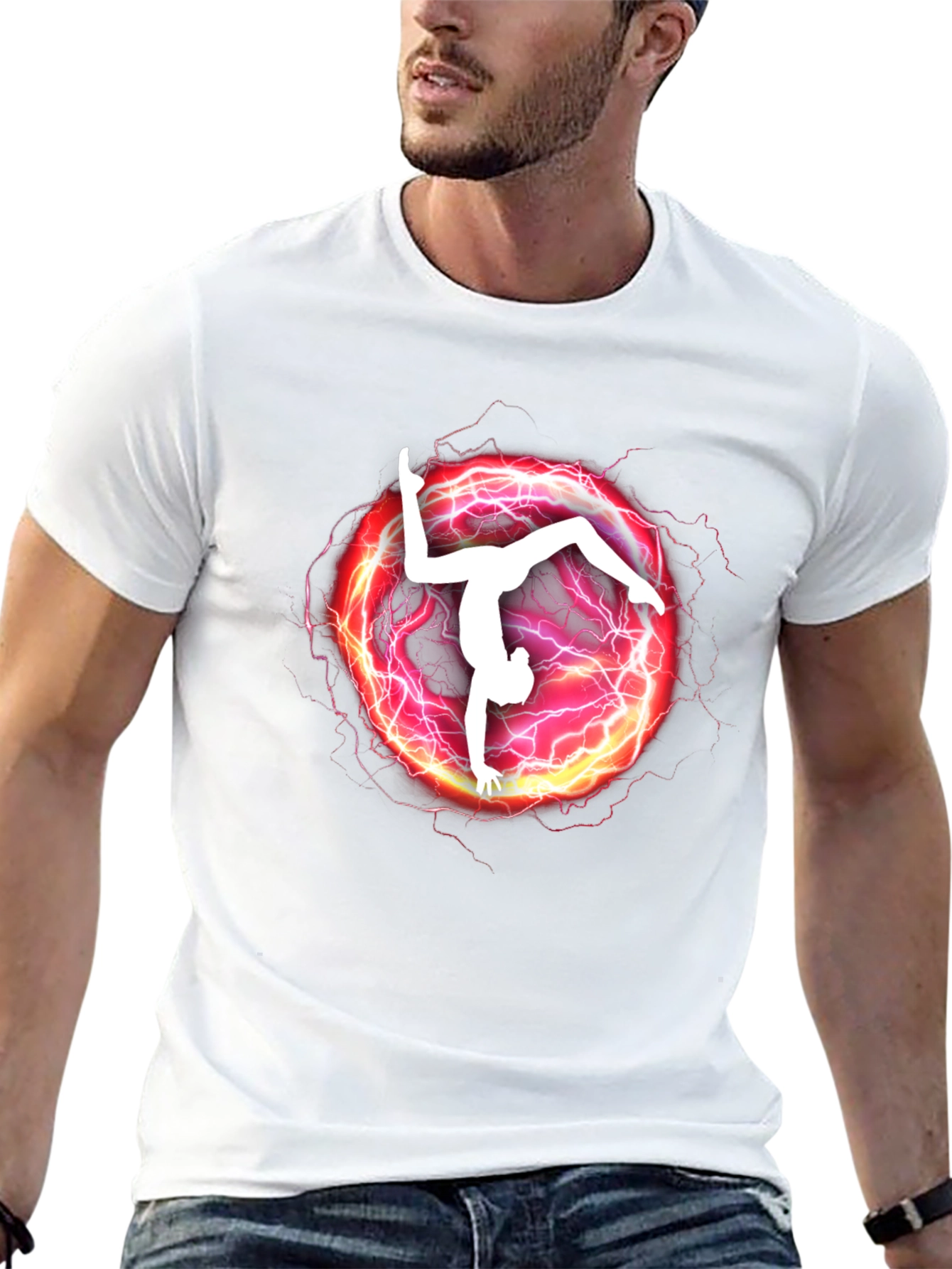 Camiseta Negra con Diseño de Gimnasta Eléctrica