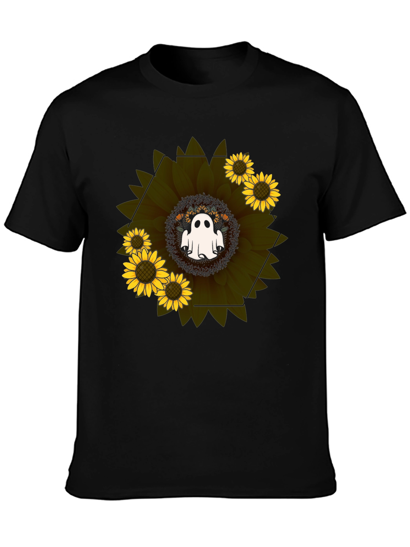 Camiseta Negra con Girasol y Fantasma