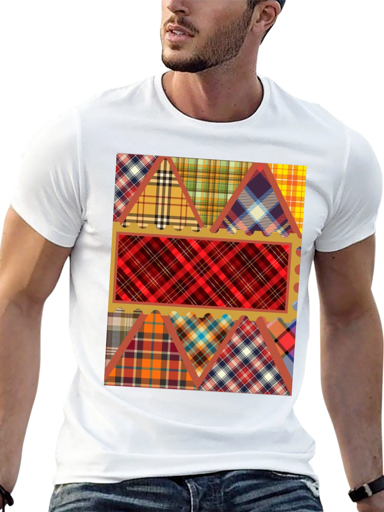 Camiseta Negra con Diseño de Tartán Patchwork