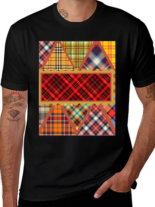 Camiseta Negra con Diseño de Tartán Patchwork