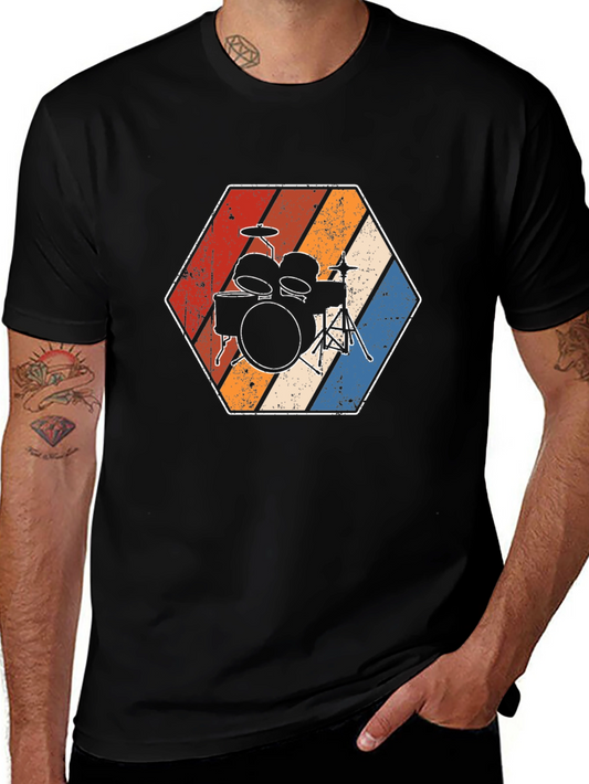 Camiseta Negra con Diseño de Batería Retro