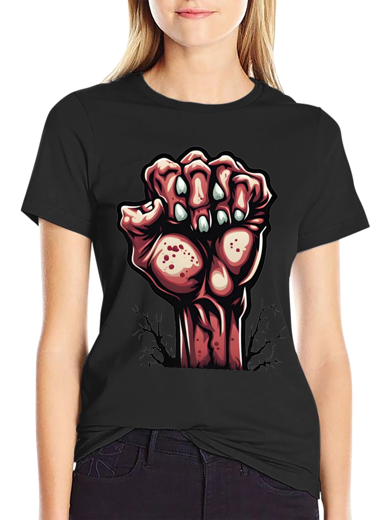 Camiseta Negra con Diseño de Mano Zombie