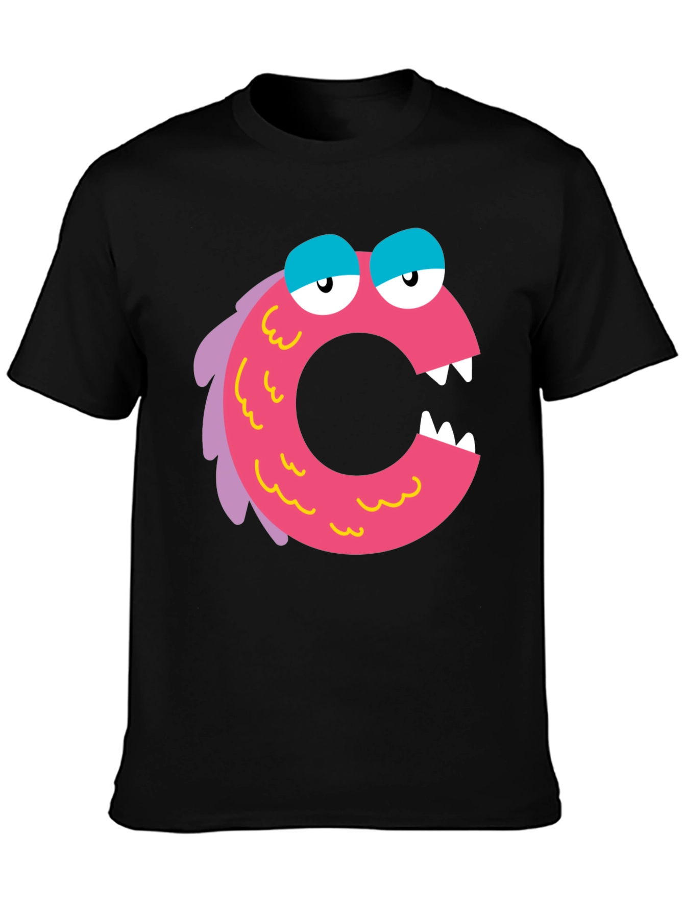 Camiseta Negra con Diseño de Monstruo Letra C Rosa