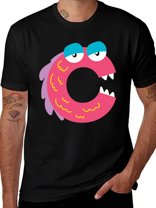 Camiseta Negra con Diseño de Monstruo Letra C Rosa