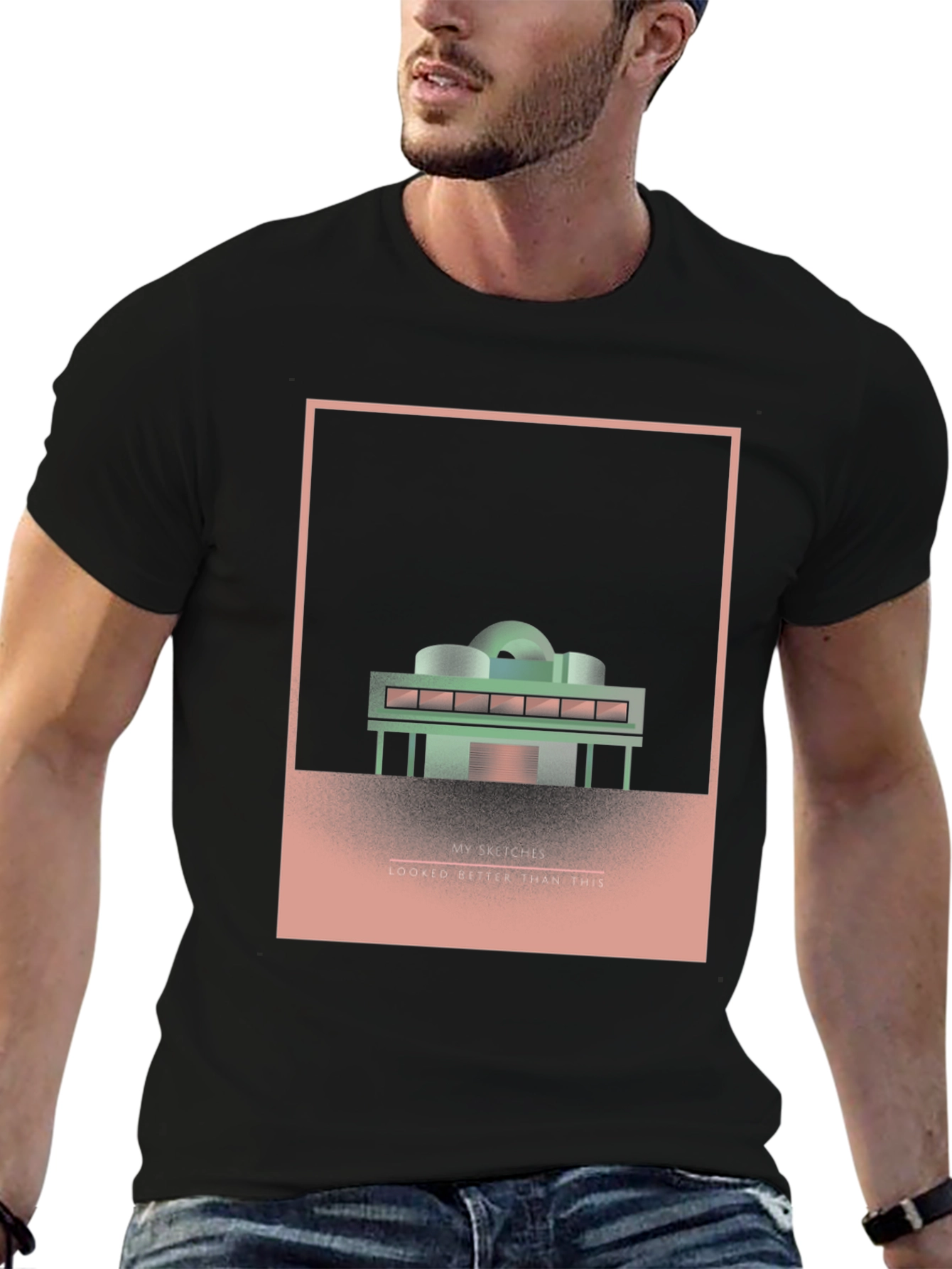 Camiseta Negra con Diseño Arquitectónico Abstracto