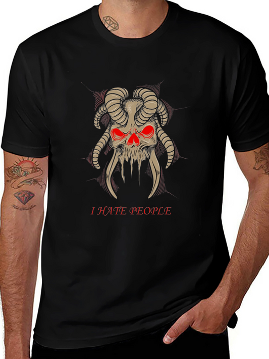 Camiseta Negra con Diseño de Cráneo Cornudo I Hate People