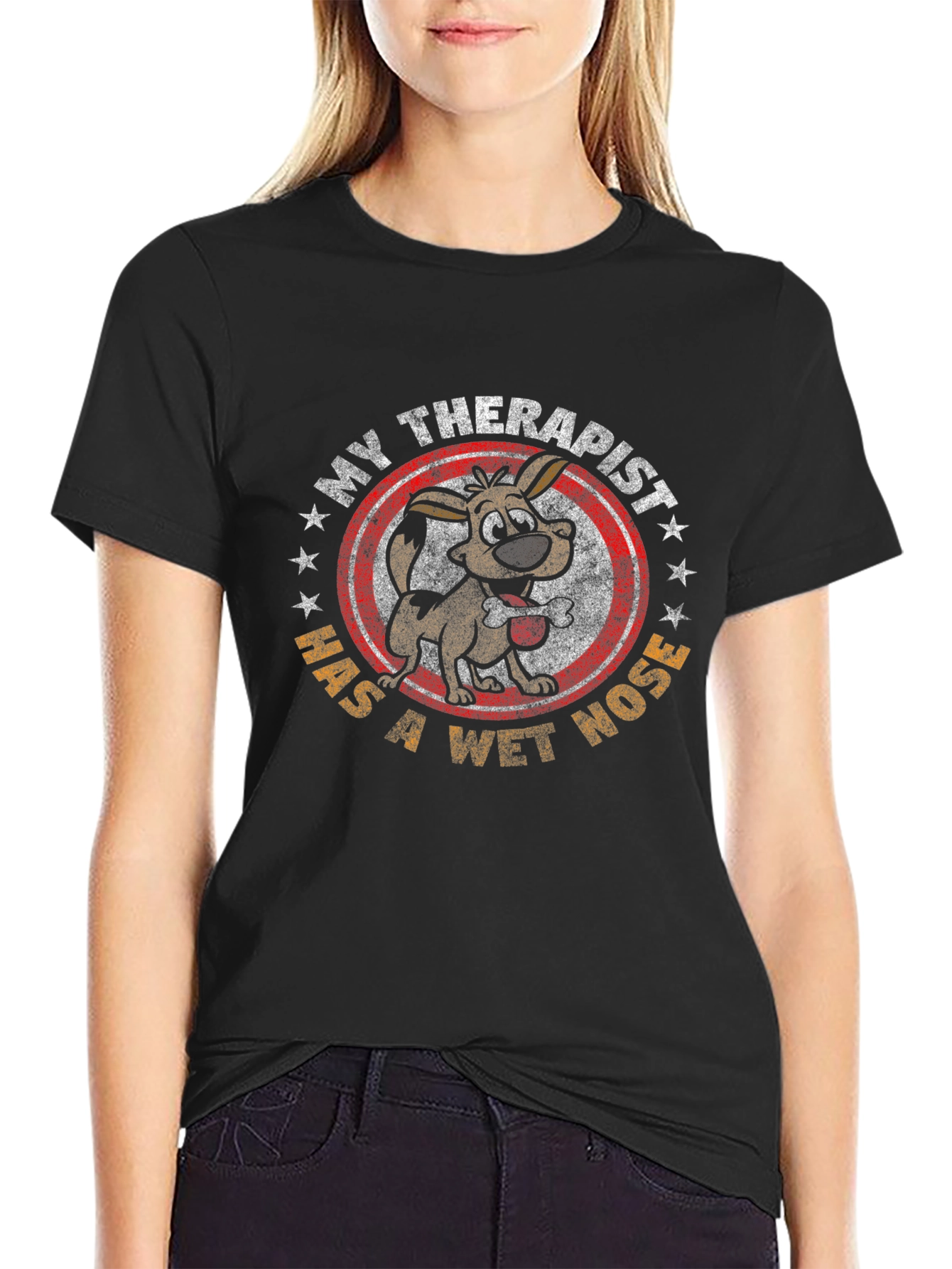 Camiseta Negra Humorística Mi Terapeuta Tiene Nariz Mojada