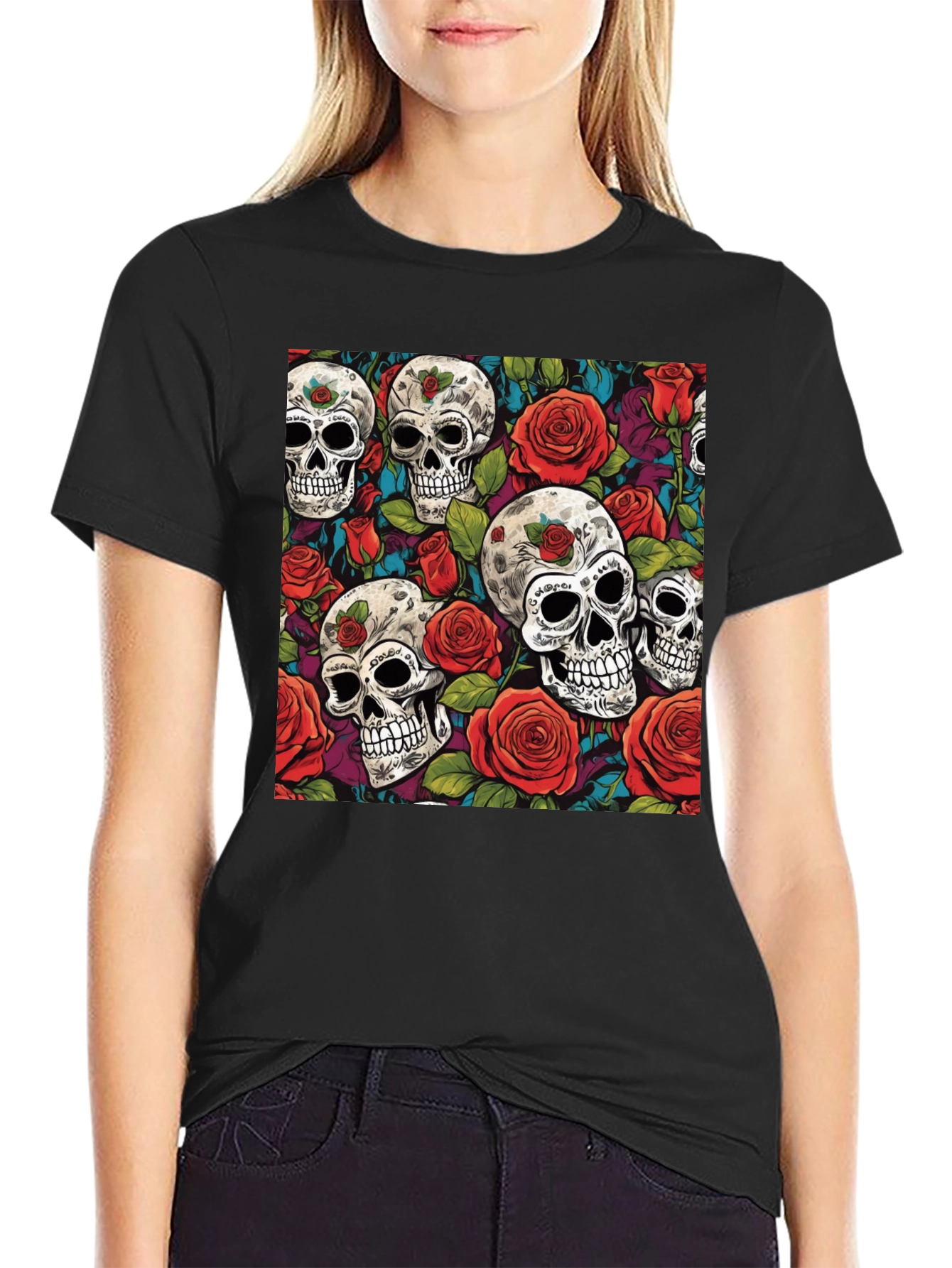 Camiseta Negra Calaveras y Rosas Estampadas