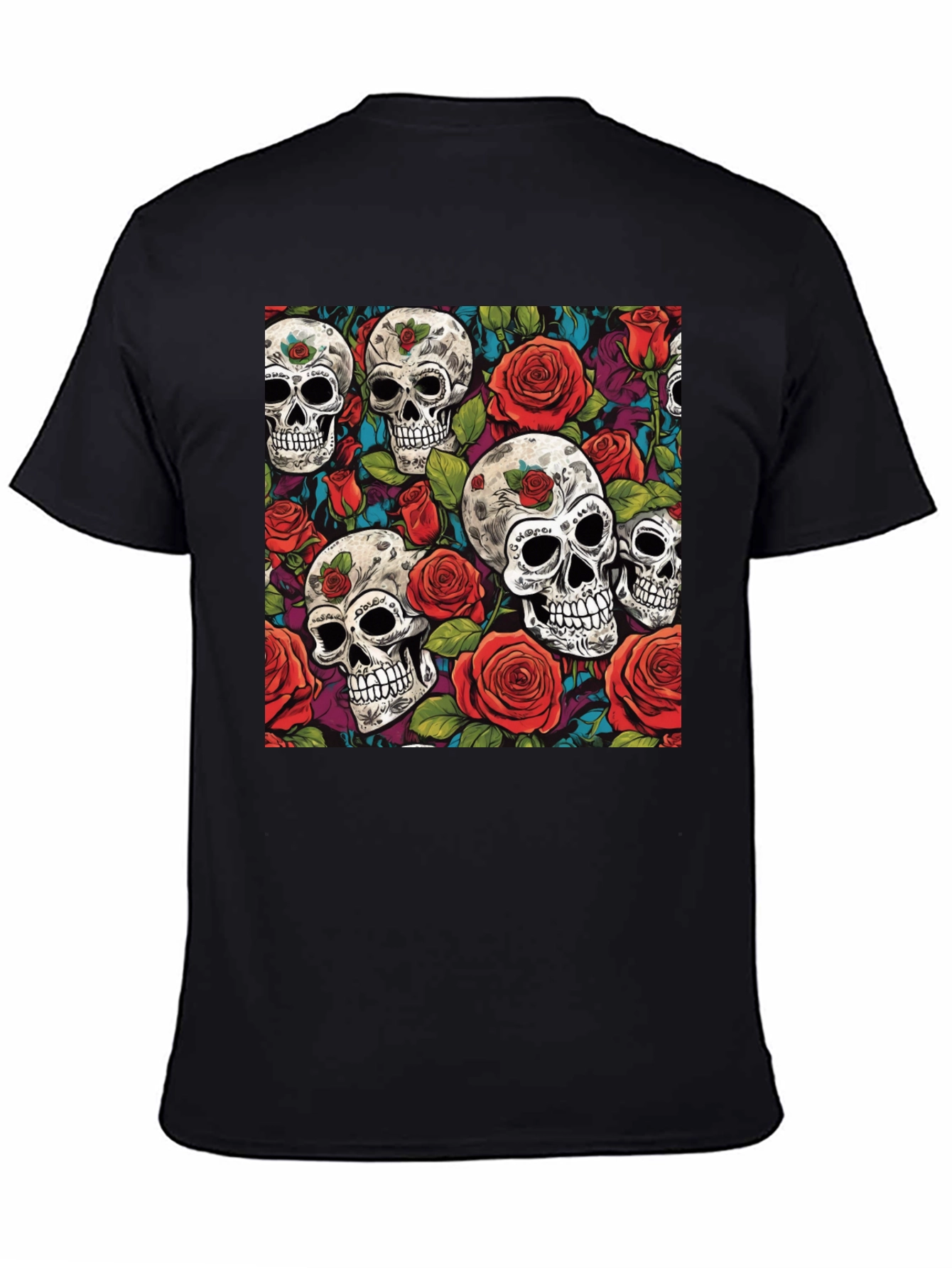 Camiseta Negra Calaveras y Rosas Estampadas
