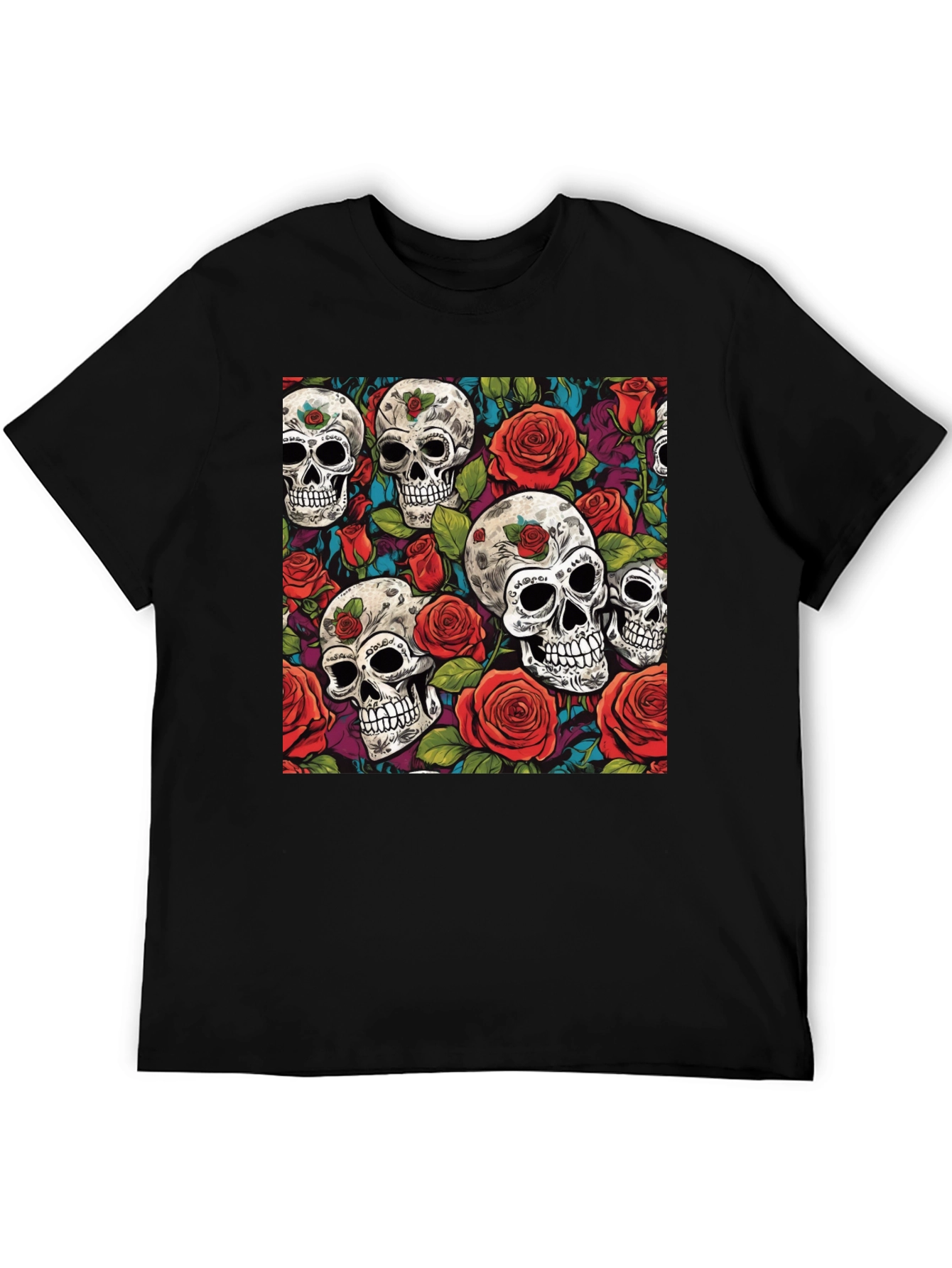 Camiseta Negra Calaveras y Rosas Estampadas