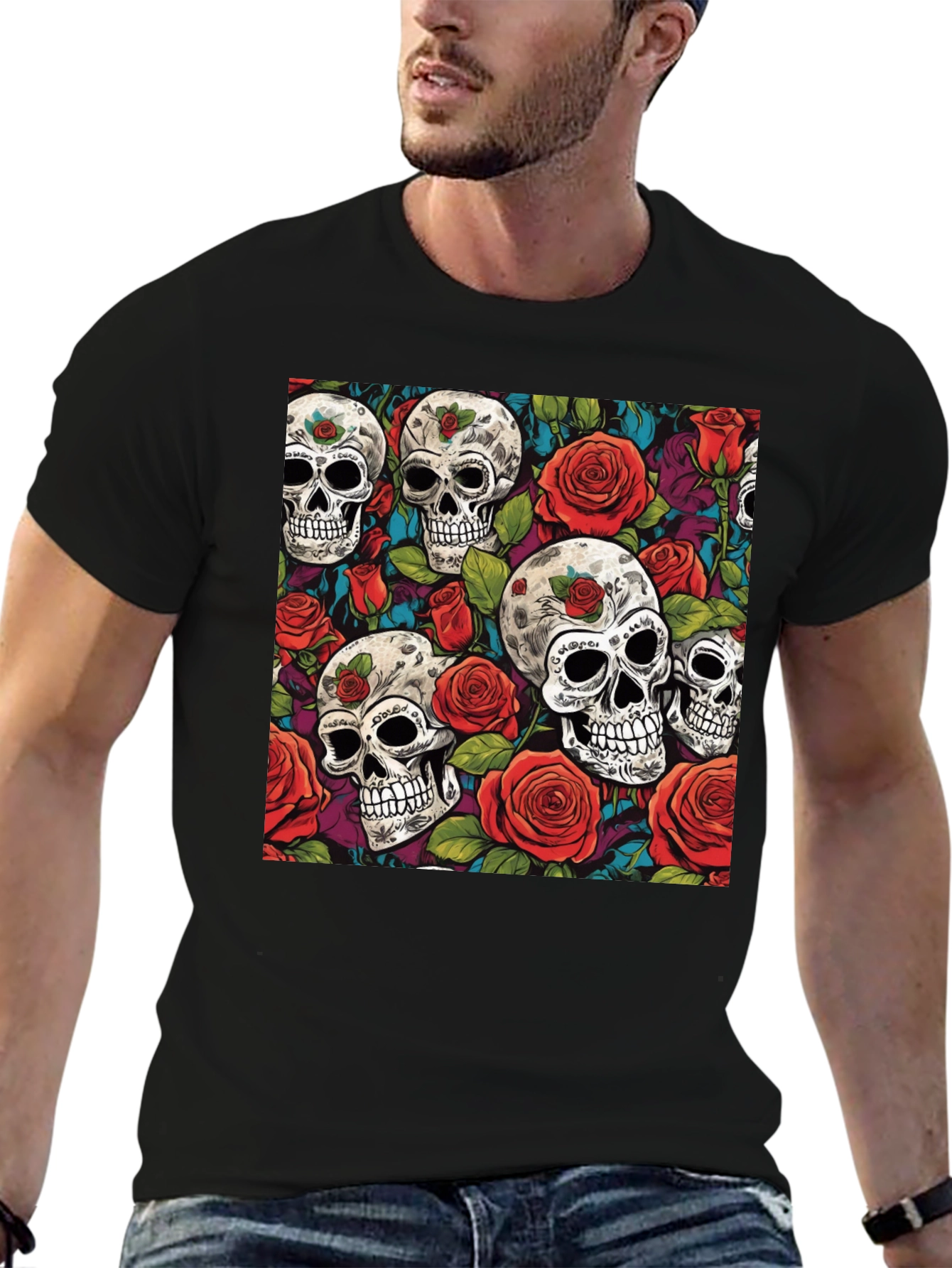 Camiseta Negra Calaveras y Rosas Estampadas