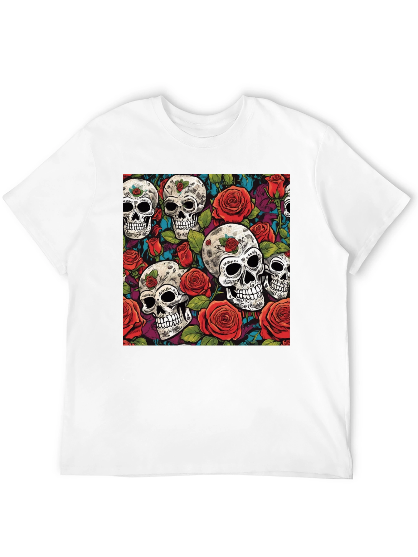 Camiseta Negra Calaveras y Rosas Estampadas