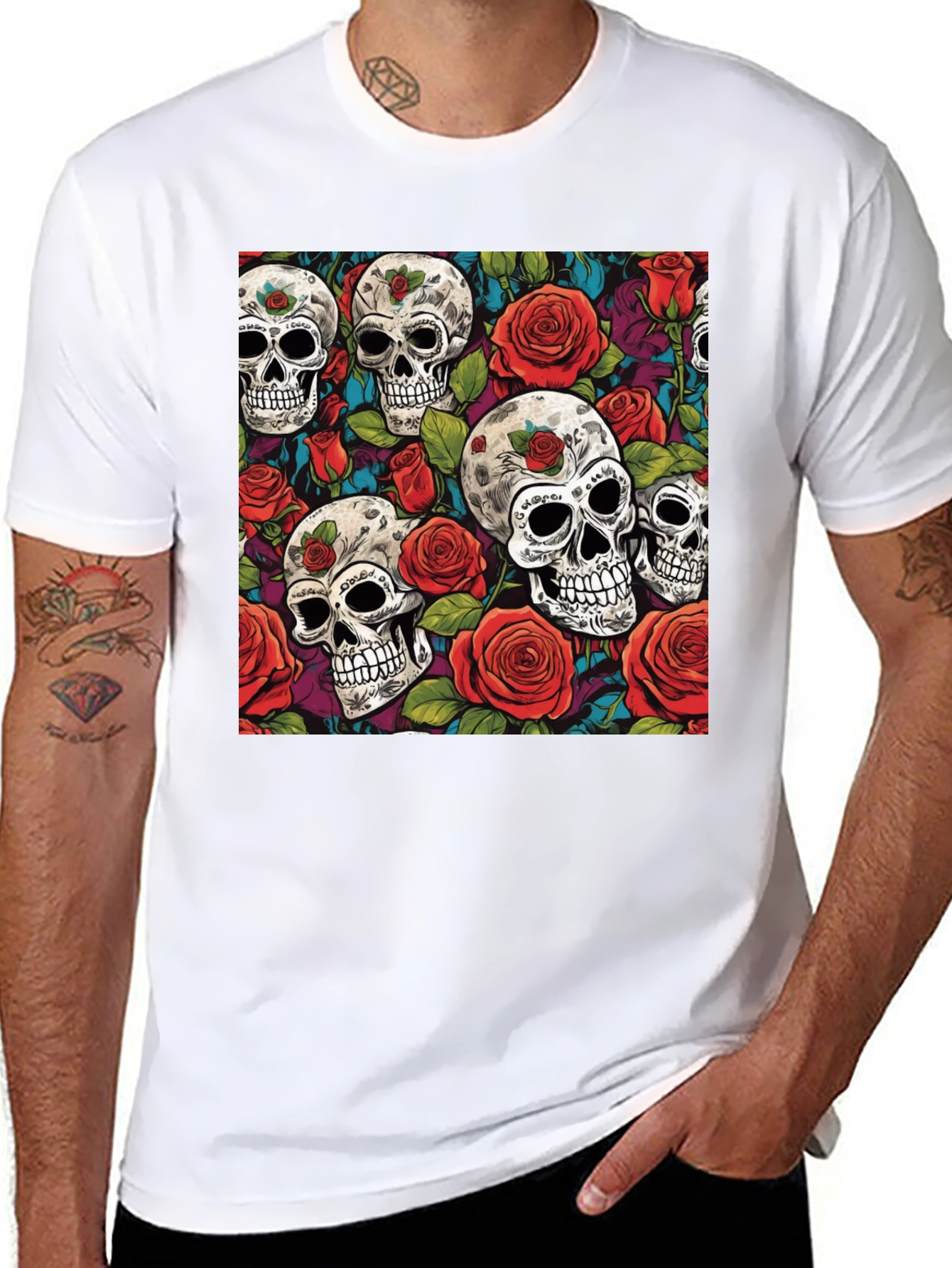 Camiseta Negra Calaveras y Rosas Estampadas