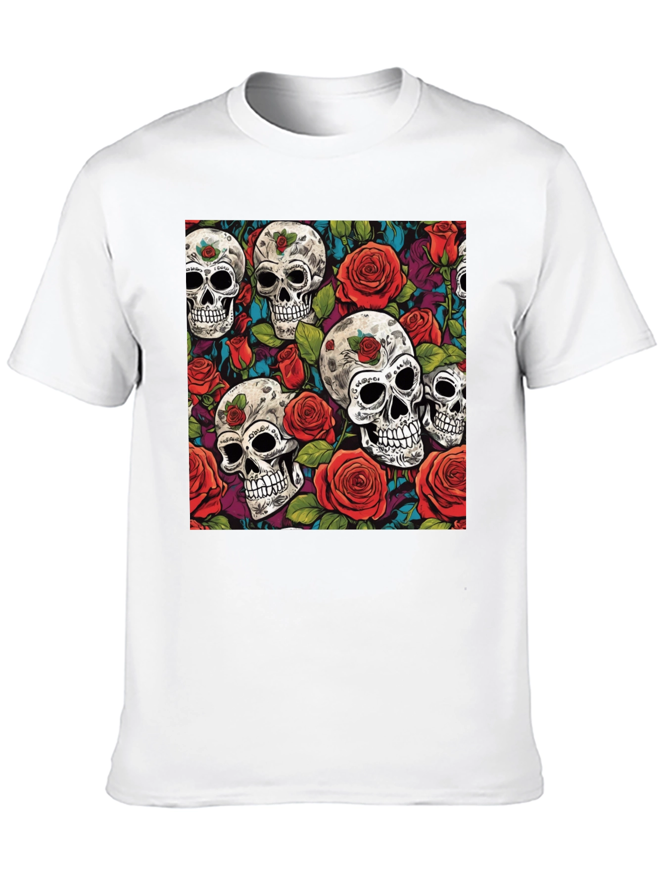 Camiseta Negra Calaveras y Rosas Estampadas