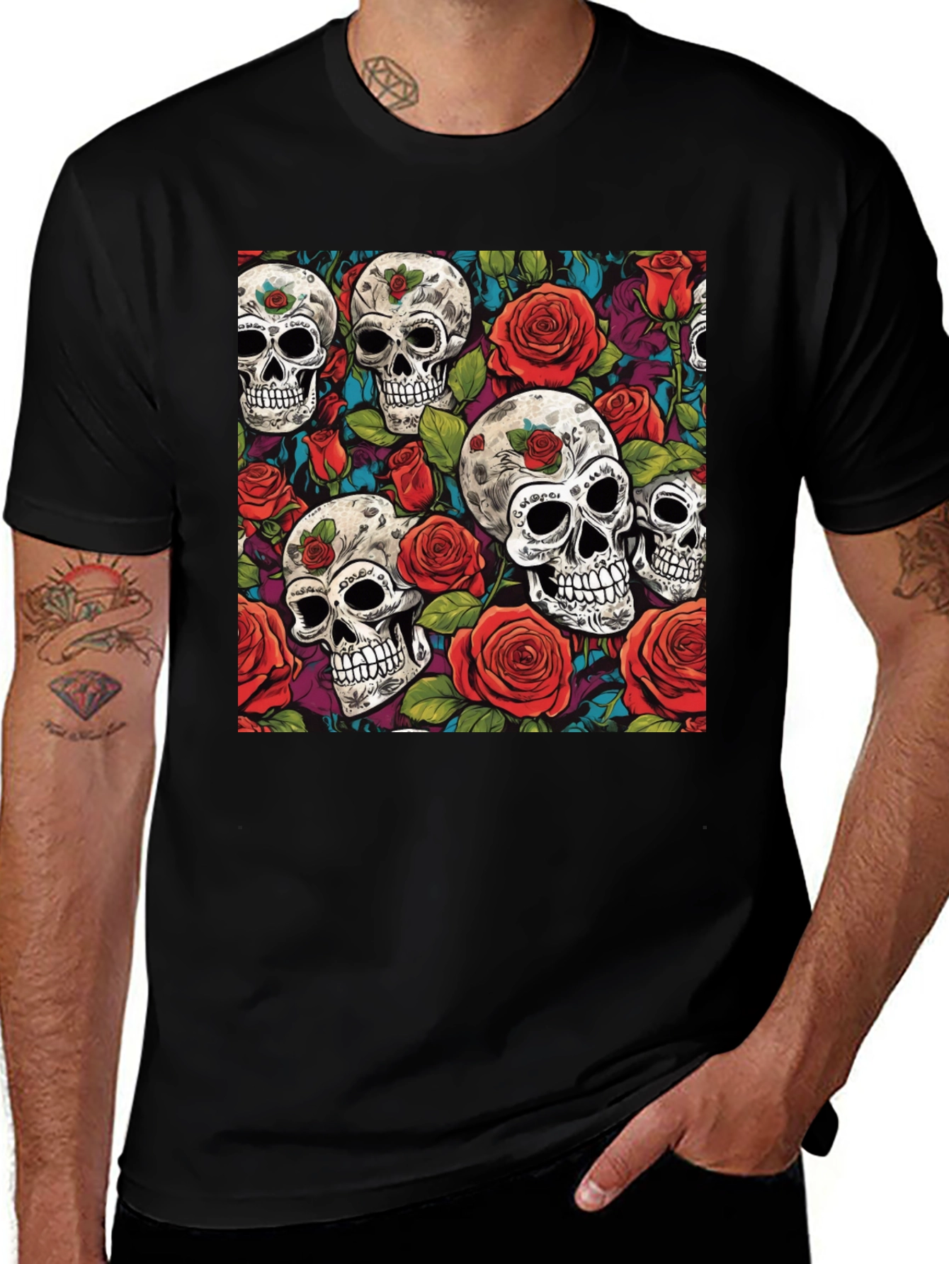 Camiseta Negra Calaveras y Rosas Estampadas