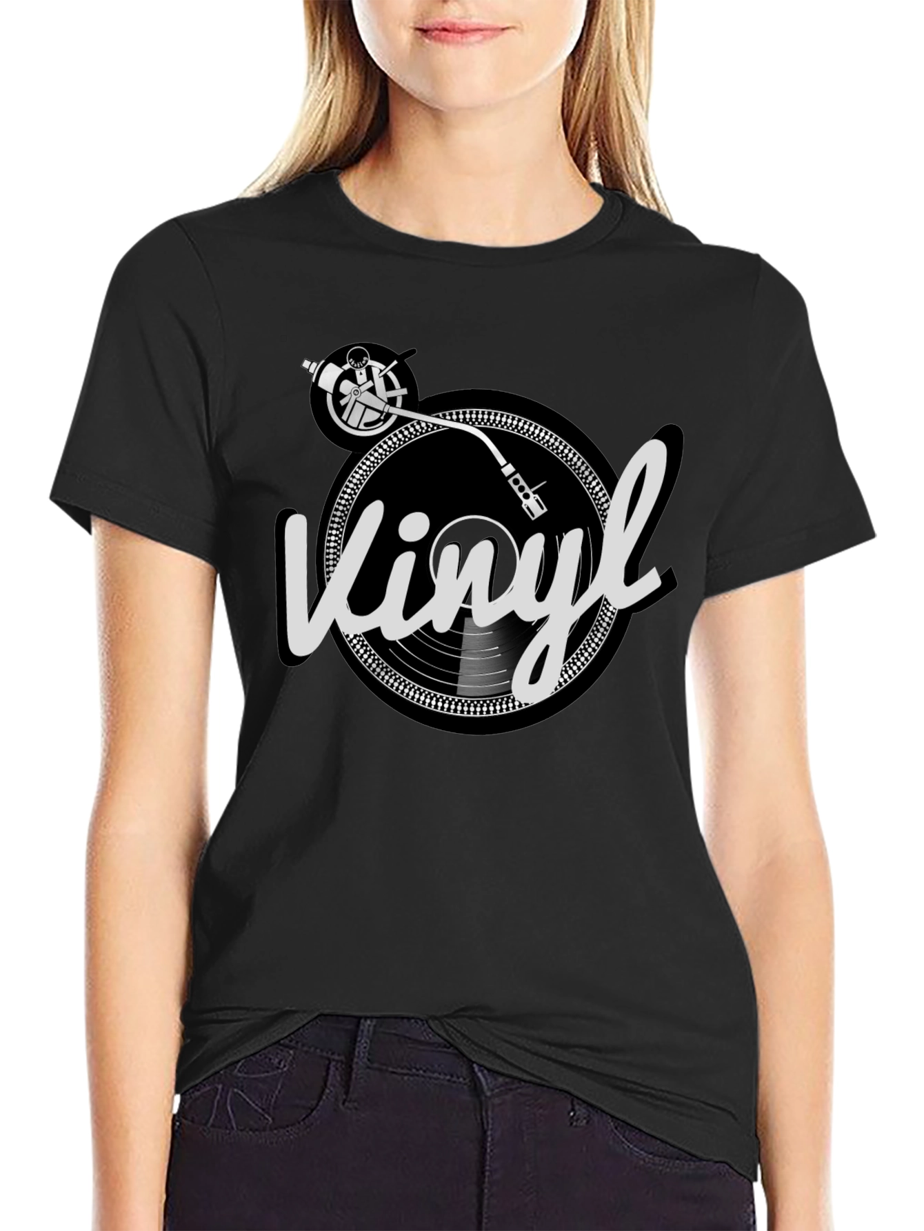 Camiseta Hombre Negra Diseño Vinilo Retro