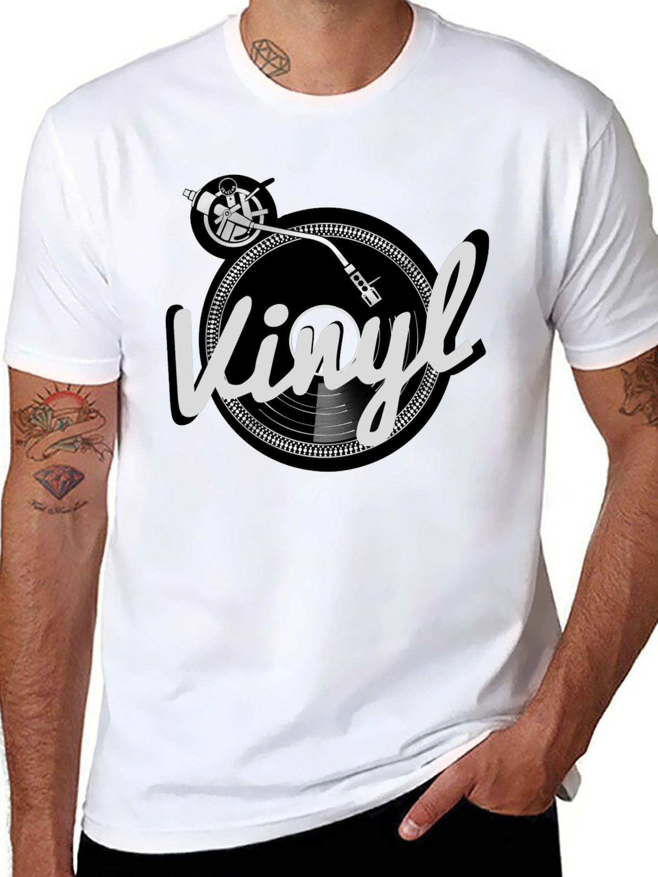 Camiseta Hombre Negra Diseño Vinilo Retro