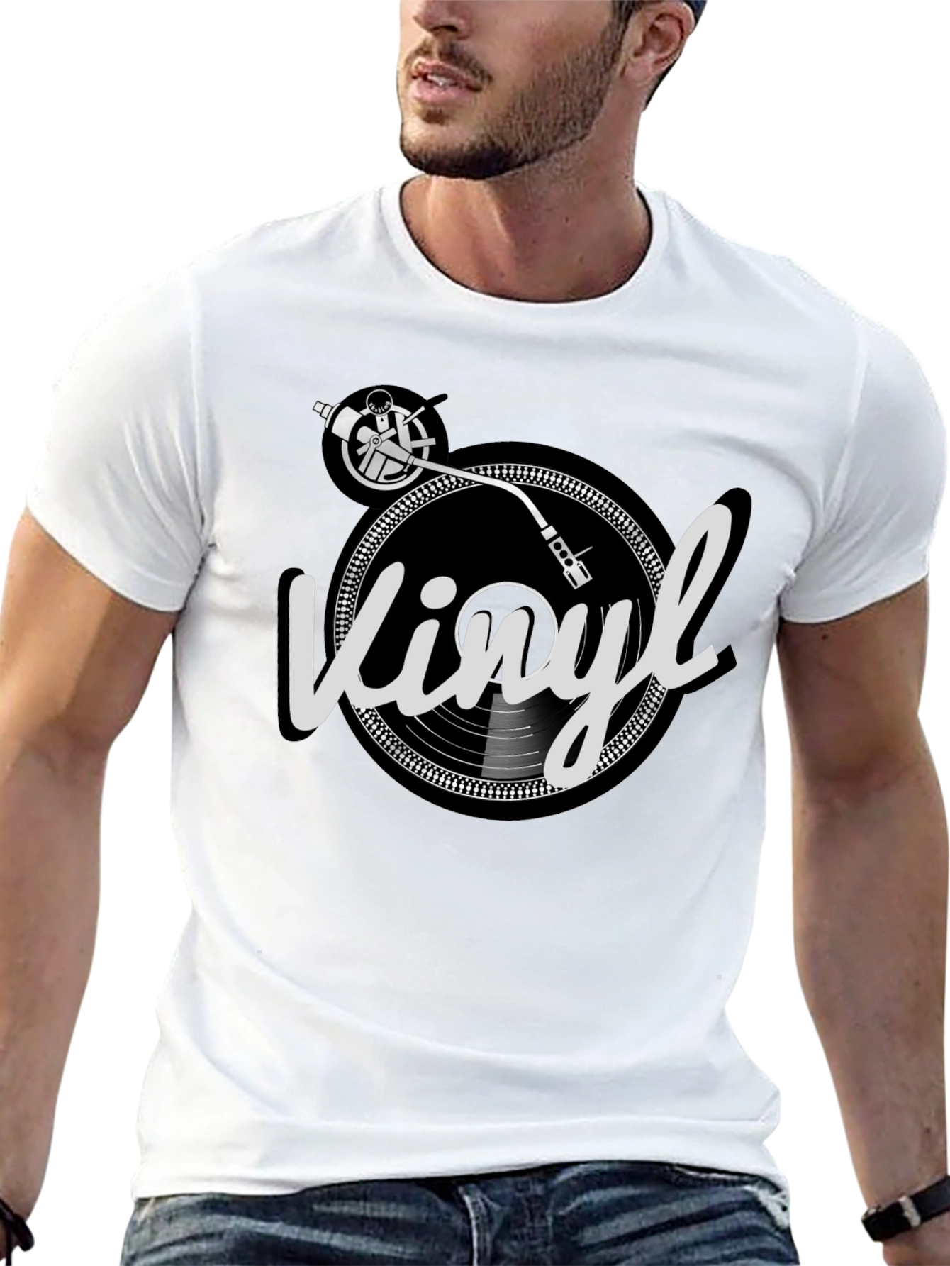 Camiseta Hombre Negra Diseño Vinilo Retro