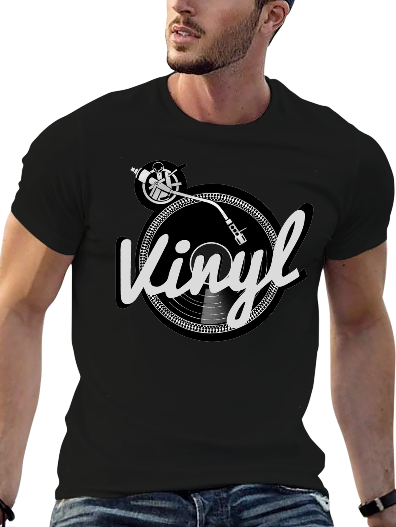 Camiseta Hombre Negra Diseño Vinilo Retro