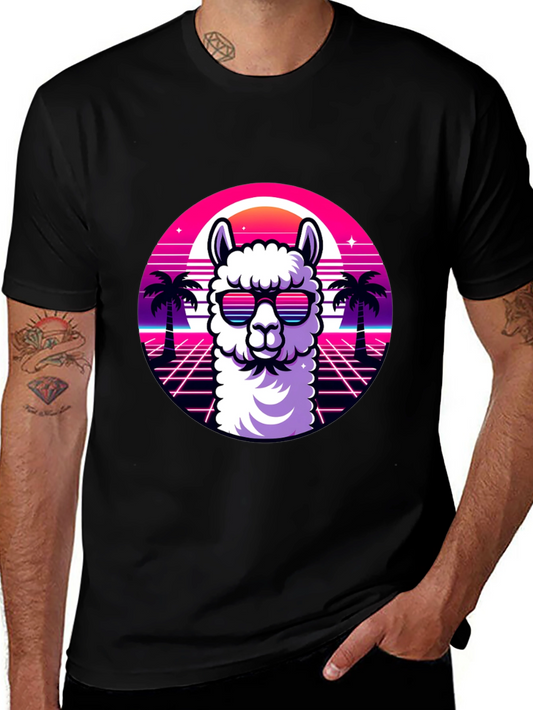 Camiseta Negra con Diseño Retro de Llama con Gafas