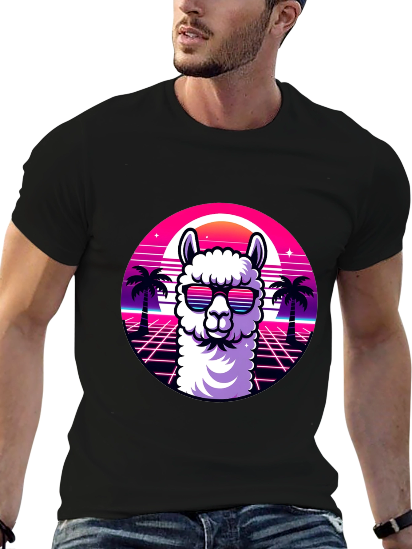 Camiseta Negra con Diseño Retro de Llama con Gafas