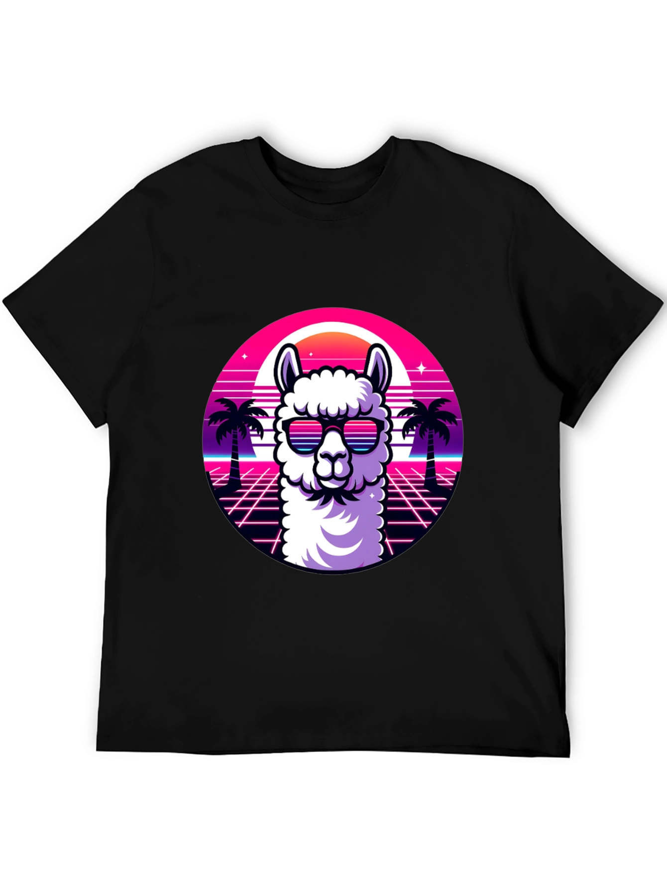 Camiseta Negra con Diseño Retro de Llama con Gafas