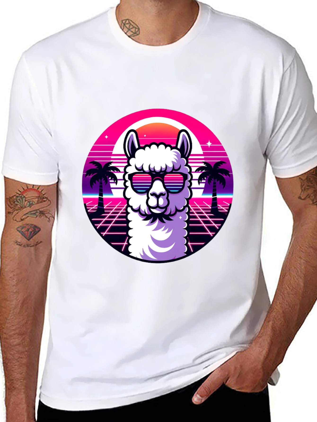 Camiseta Negra con Diseño Retro de Llama con Gafas