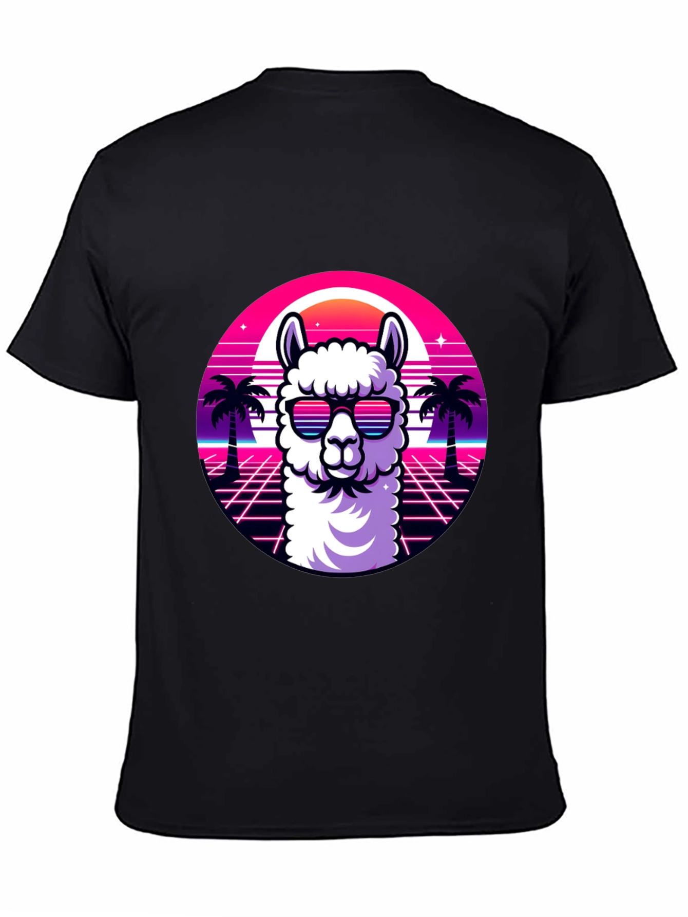 Camiseta Negra con Diseño Retro de Llama con Gafas