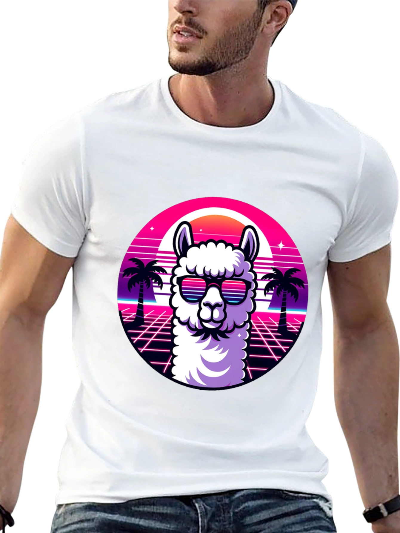 Camiseta Negra con Diseño Retro de Llama con Gafas