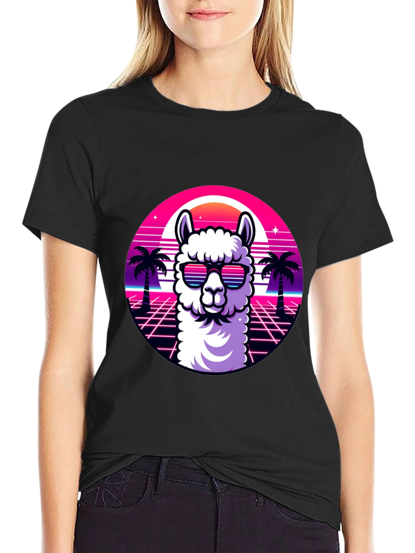Camiseta Negra con Diseño Retro de Llama con Gafas