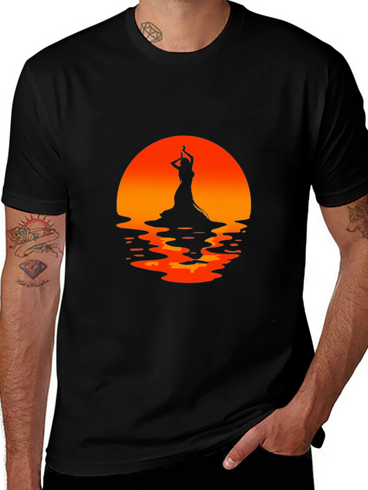 Camiseta Negra con Silueta de Bailarina al Atardecer