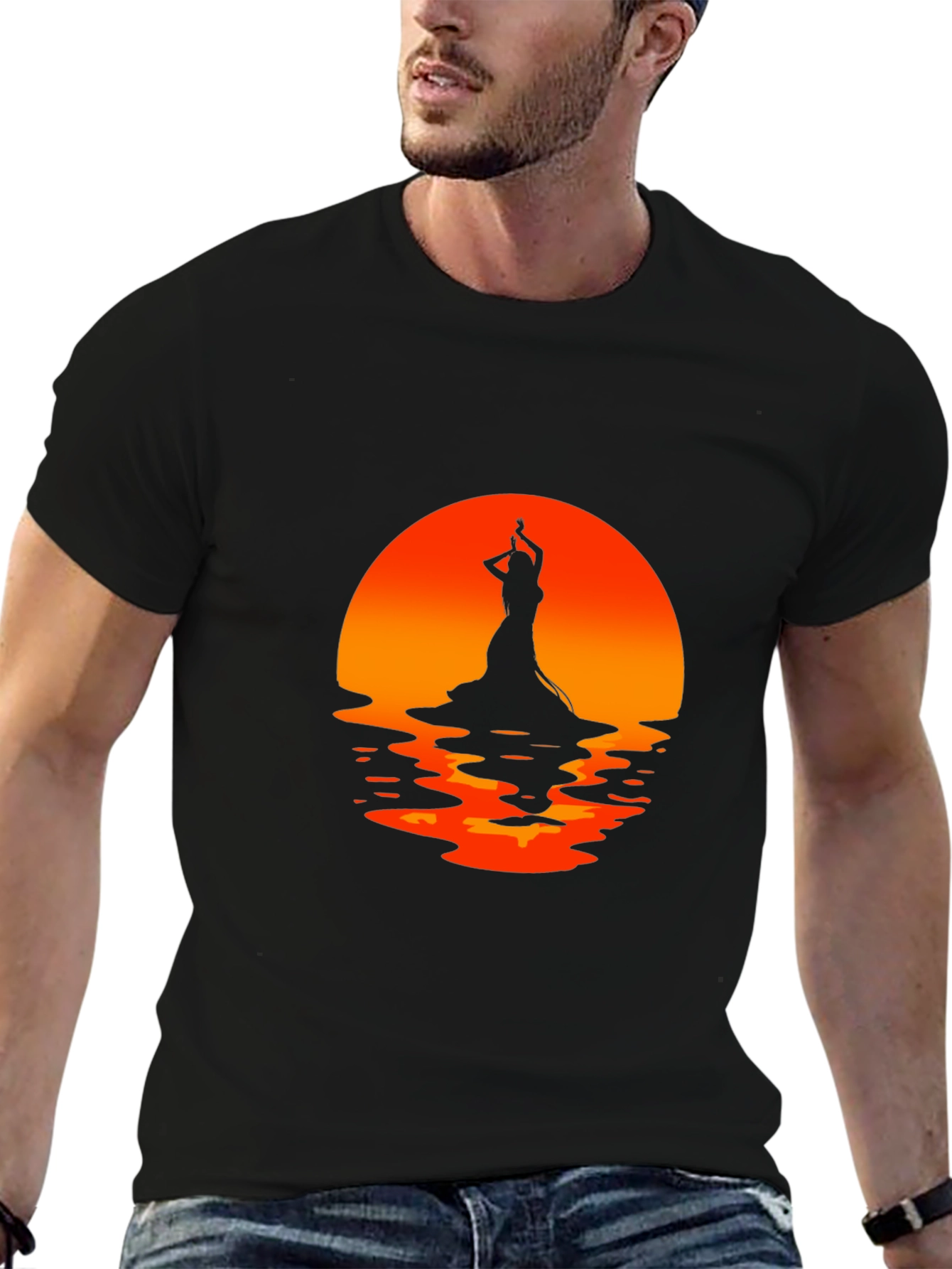 Camiseta Negra con Silueta de Bailarina al Atardecer