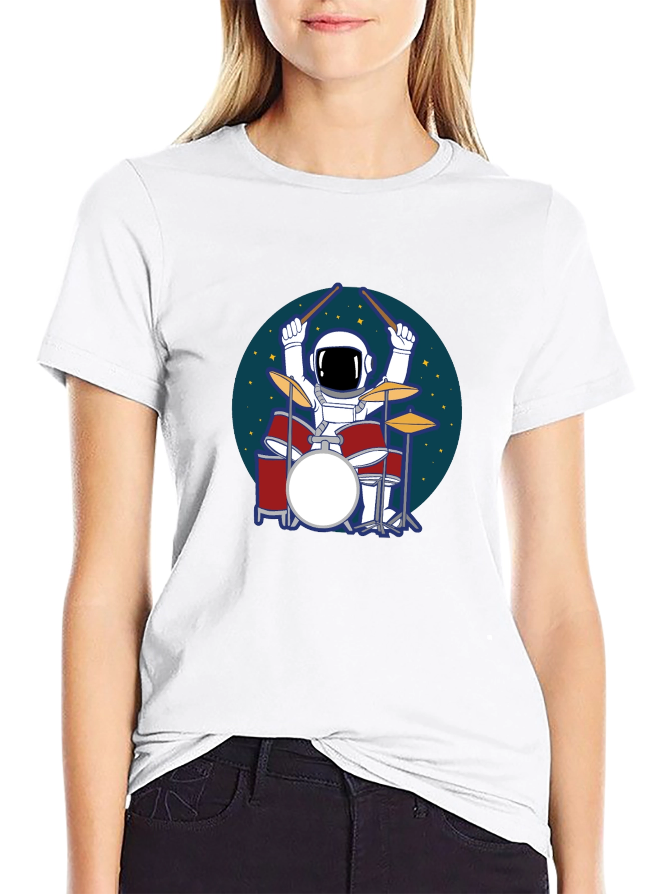 Camiseta Hombre Negra Astronauta Baterista Espacial