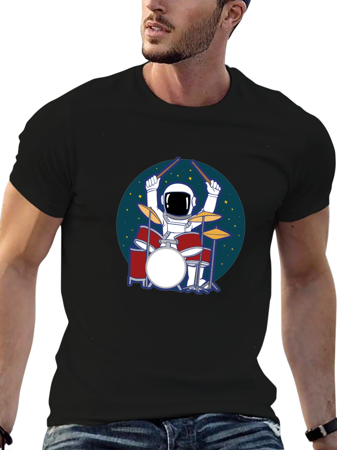 Camiseta Hombre Negra Astronauta Baterista Espacial