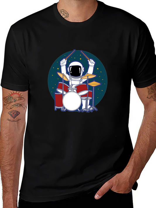 Camiseta Hombre Negra Astronauta Baterista Espacial