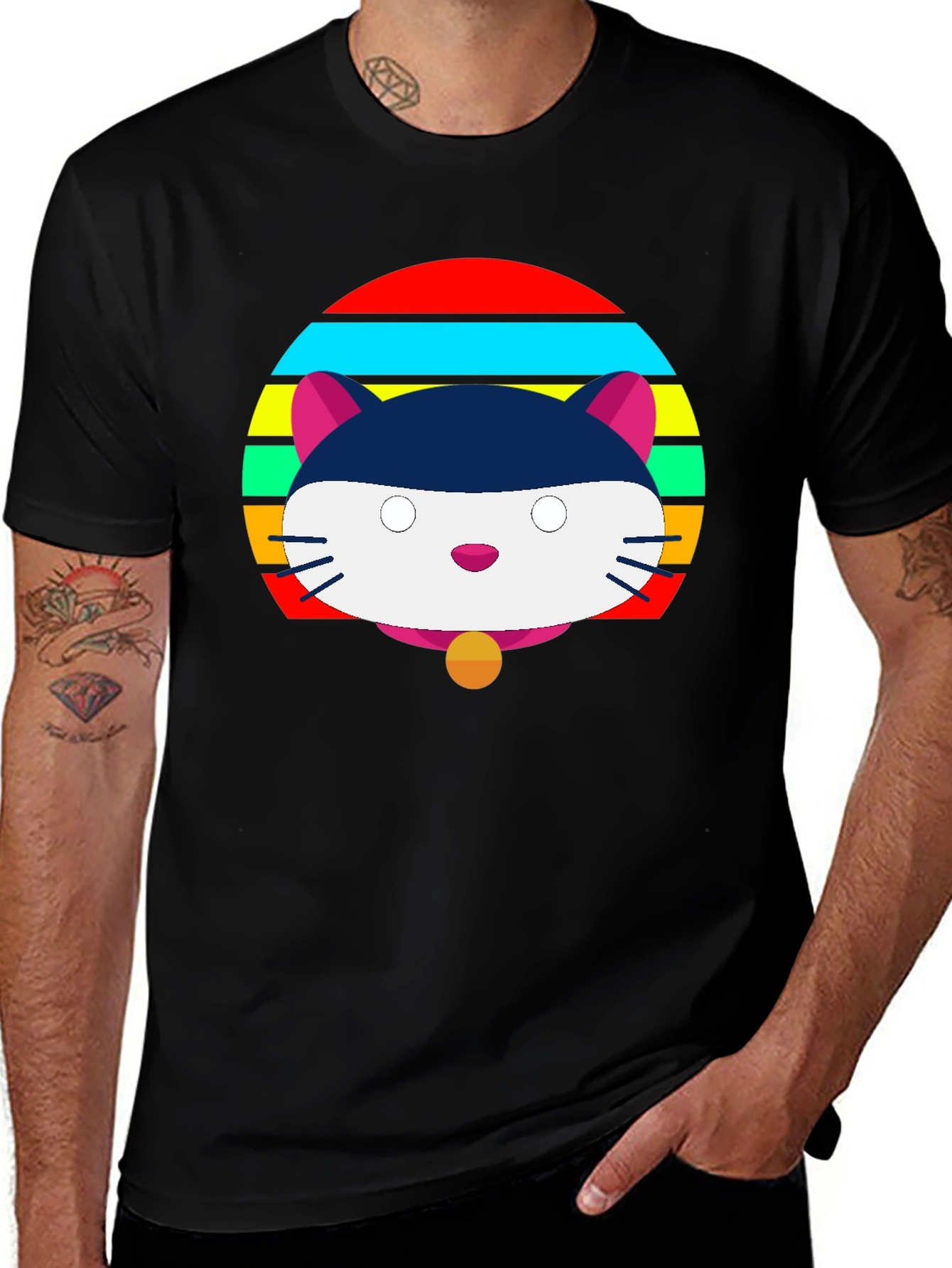 Camiseta Negra con Diseño de Gato Retro