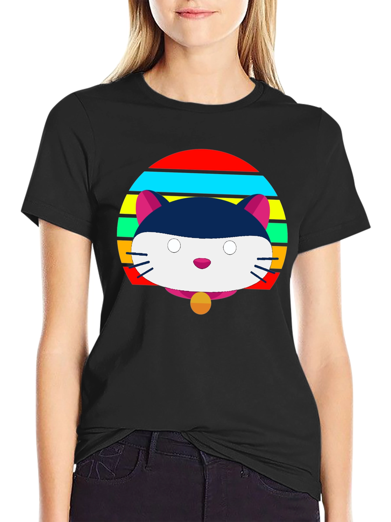 Camiseta Negra con Diseño de Gato Retro