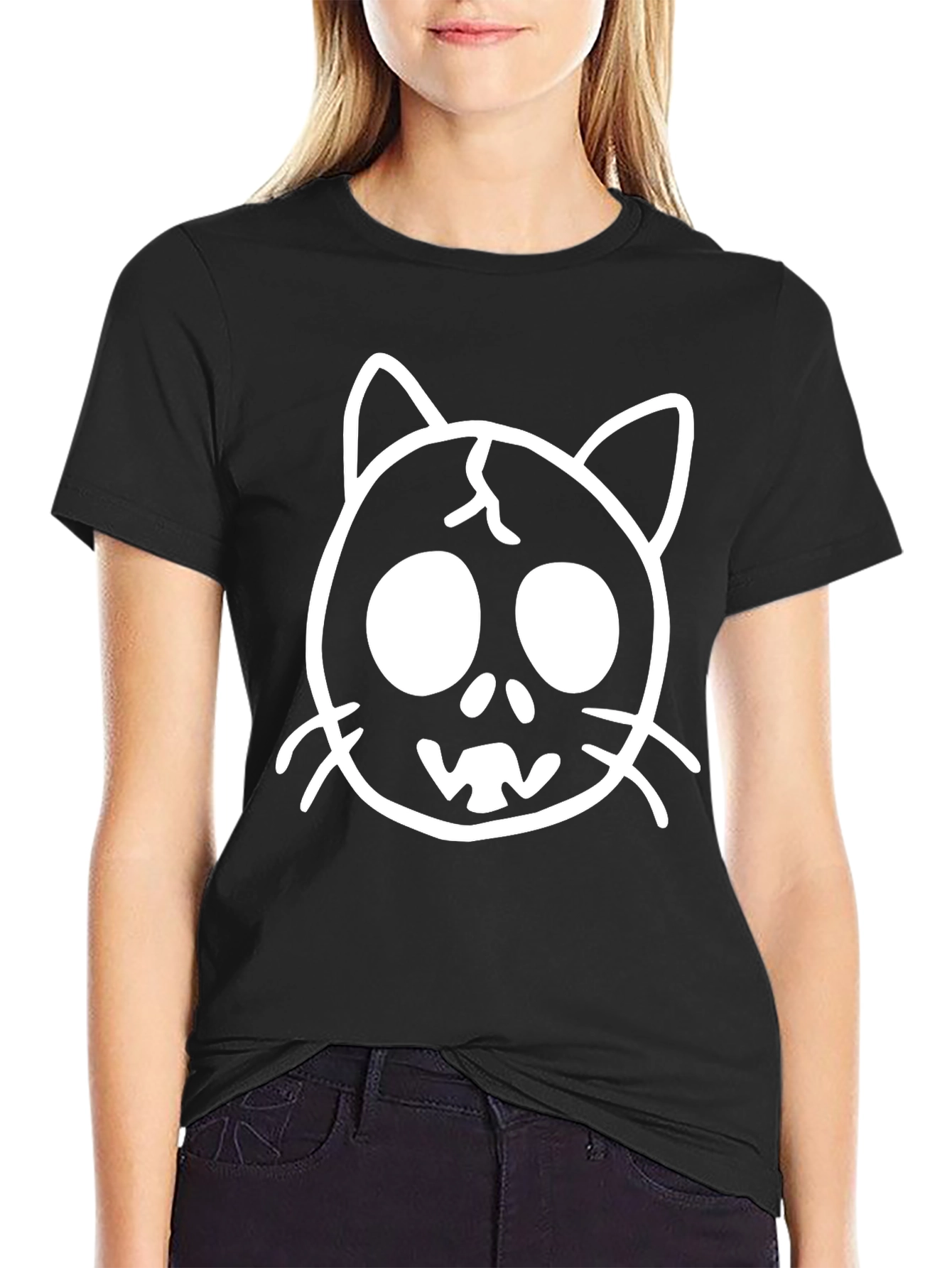 Camiseta Negra con Diseño de Gato Esquelético